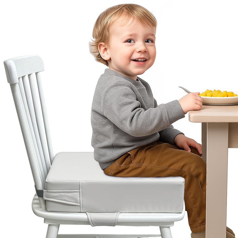 AAAini Toddler Booster Seat for Dining Table – PU Washable Cushion with Double Safe Straps, Non-Slip Bottom, Portable Travel Booster Seat for Toddlers (Grey) - Image 1
